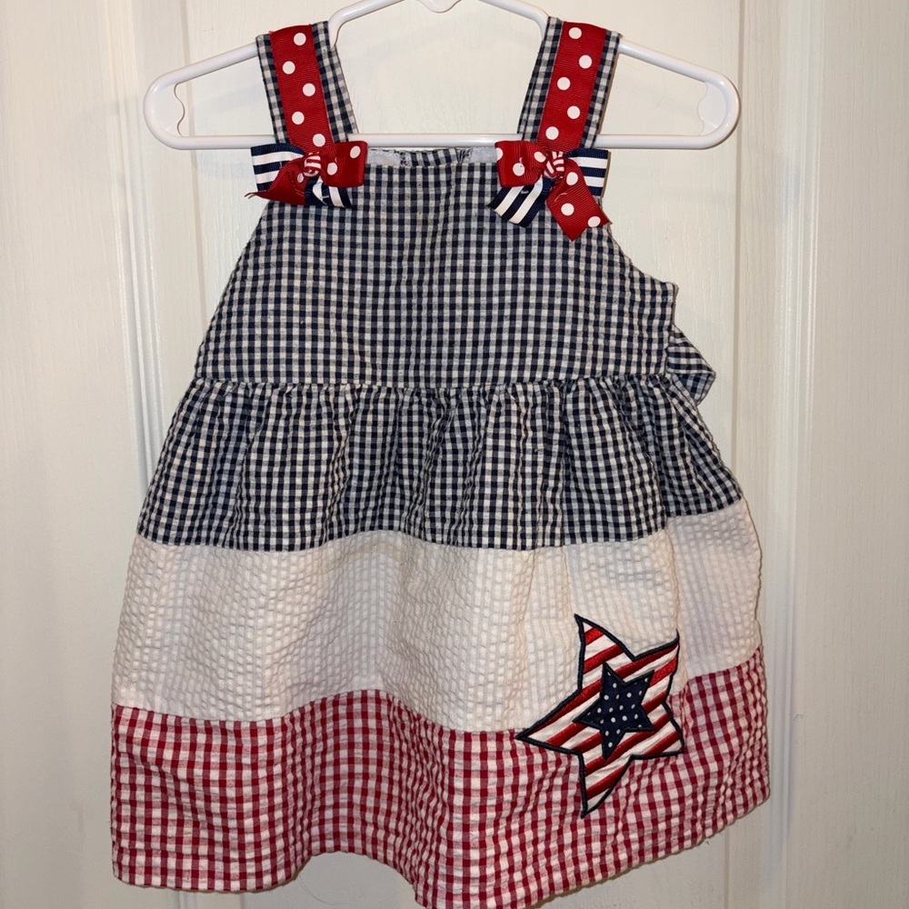 Girls Navy, Red & White Sleeveless Gingham Star Dress